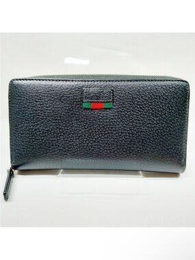 Gucci Agora Web Black Leather Long Zippy Wallet with Red & Green Sherry Line